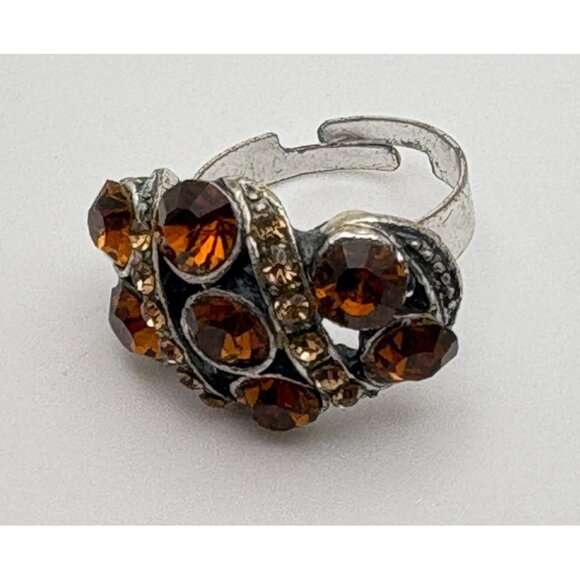 Vintage Style Topaz Rhinestone Statement Ring Adjustable Fit Silver Tone Cluster - Picture 3 of 7